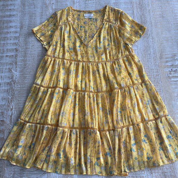 Urban Outfitters Yellow Floral A-Line Mini V-Neck Dress Short Sleeves Size Small - Picture 1 of 10